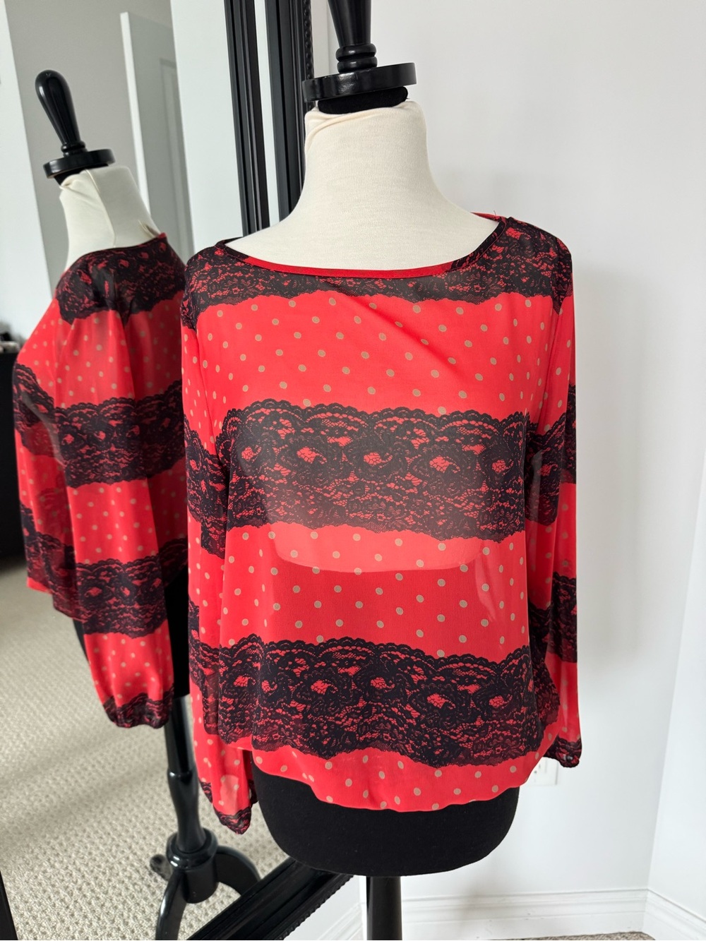 Francesca's Collections Red Sheer Blouse with Black Lace Stripes